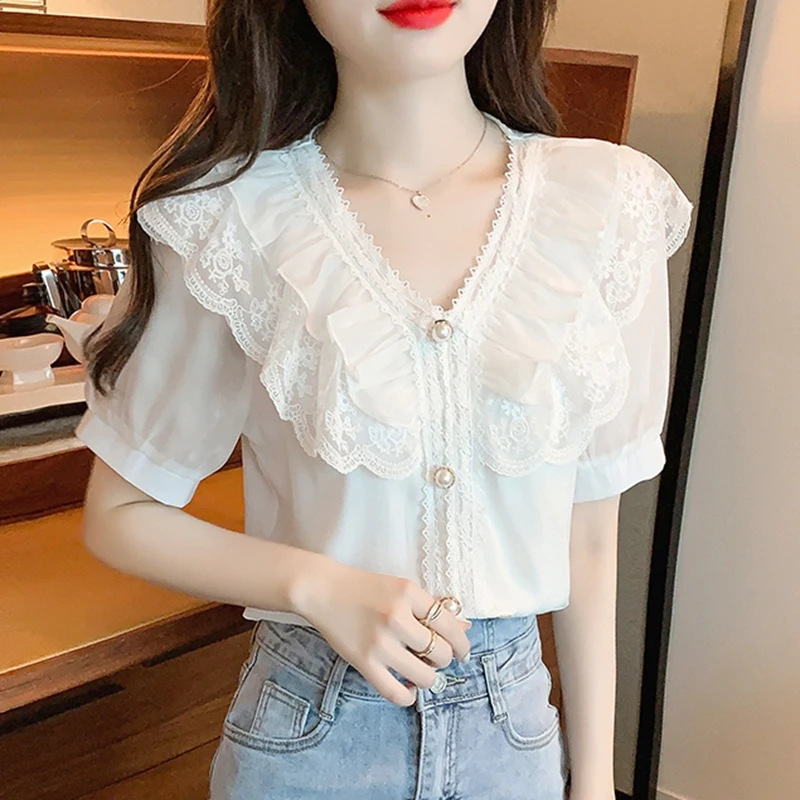 Blouses en Chiffon et Dentelle pour Femme Été 2026 – Élégantes, Tendance, Blouses Blanches Décontractées, Coupe Slim, Manches Bouffantes Vintage, Hauts Féminins