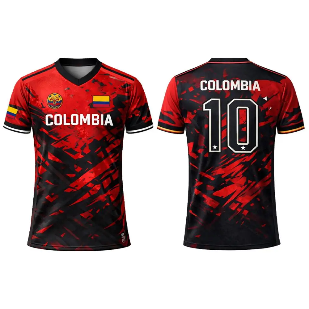 Maillot de football respirant à manches courtes imprimé en 3D avec drapeau de la Colombie, pour sports d'été en plein air, haut d'entraînement unisexe décontracté à col en V