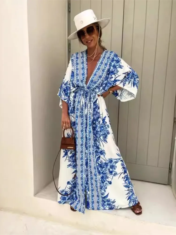 Printemps été nouveau Style de vêtements pour femmes Sexy col en v à manches courtes à la mode imprimé taille cintrée à lacets grande jupe robe
