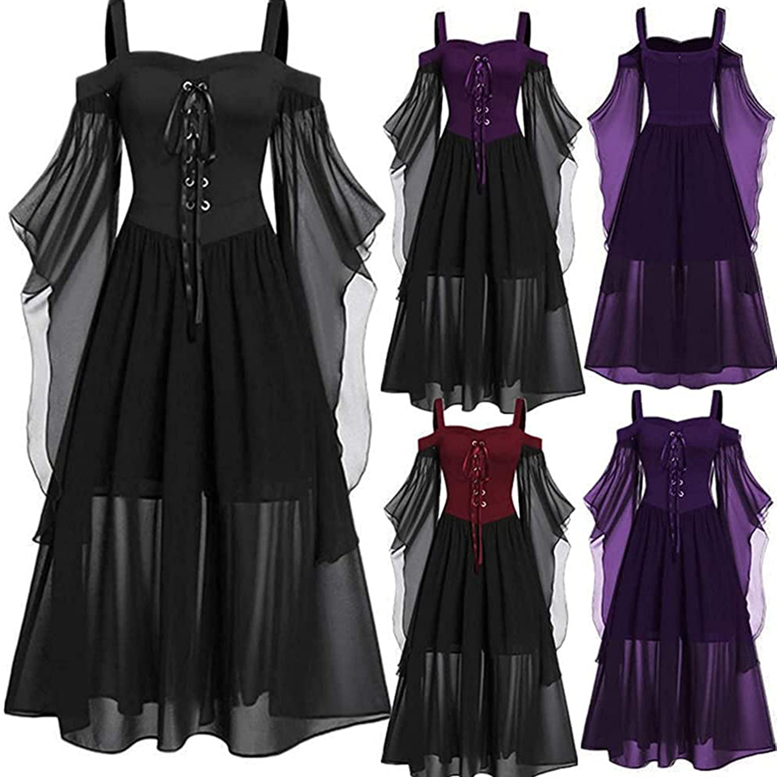 Robe gothique Vintage à lacets pour femmes, épaules dénudées, médiévale, Costumes de Cosplay de sorcière d'halloween, robe à bretelles pour fête de carnaval