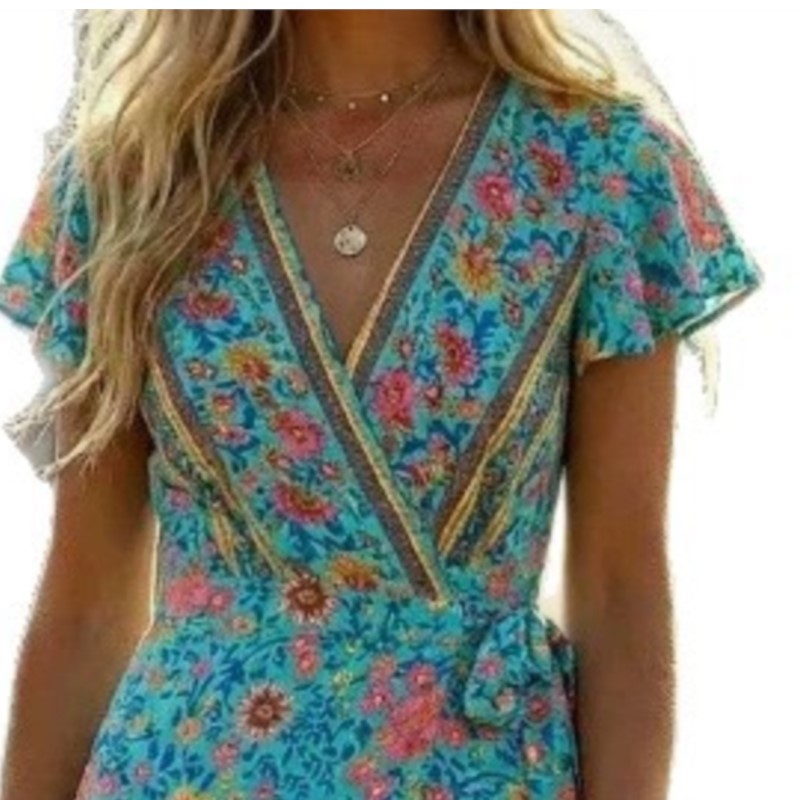 Robe Courte Plissée Vintage Bohème Imprimée pour Femme, Col en V, Manches Courtes, Taille Haute, Idéale pour les Vacances Décontractées – Collection Été 2026
