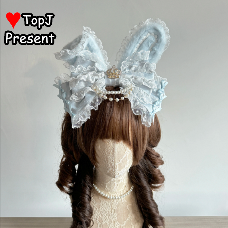 Serre-tête Lolita Gothique Élégant à Oreilles de Lapin Japonais, en Dentelle et Perles, avec Volants, Accessoire de Coiffure