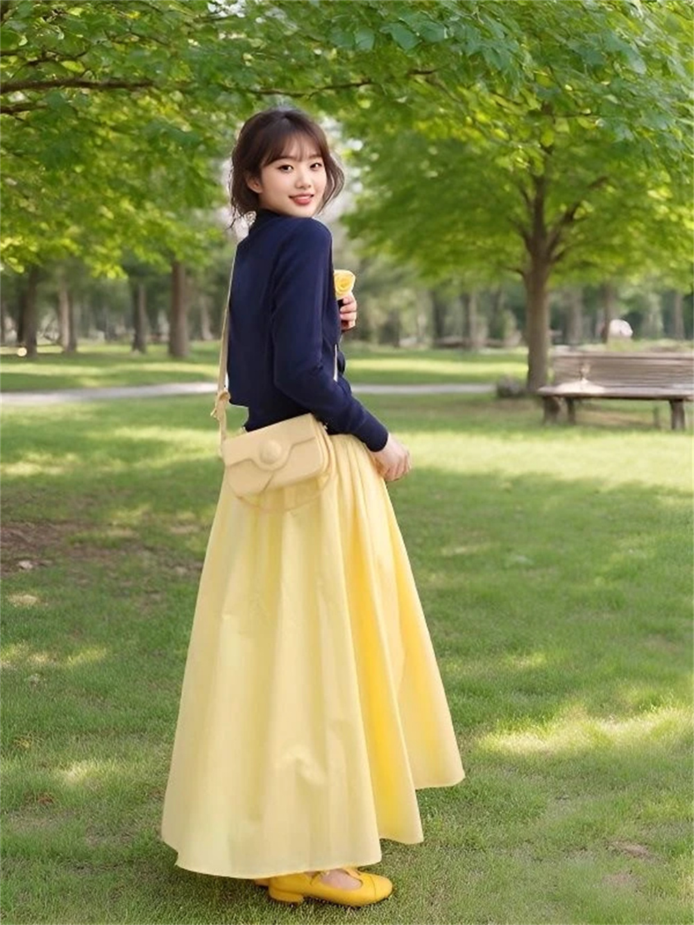 Jupe longue plissée élégante jaune pour femme, taille élastique, coupe ajustée, style décontracté printemps-été-automne