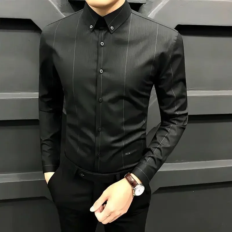 Chemise habillée noire à manches longues pour hommes, chemises et chemisiers d'affaires, coton de luxe, haute qualité, social, vêtements en Y, média, nouveau