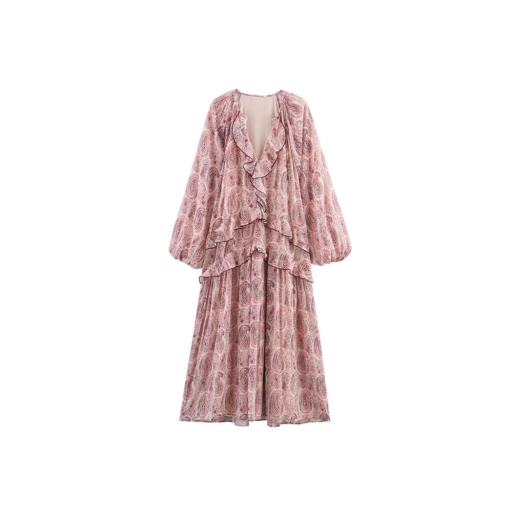 Robe MIDI d'été en mousseline de soie pour femmes, imprimé Vintage, col en v, volants en cascade, manches longues, vêtements de rue élégants, 2025