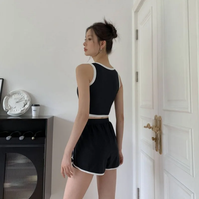 Maillot de bain deux pièces noir, style coréen, pour femmes, culotte taille haute, vêtements de plage, pour baigneurs, nouvelle collection, 2025
