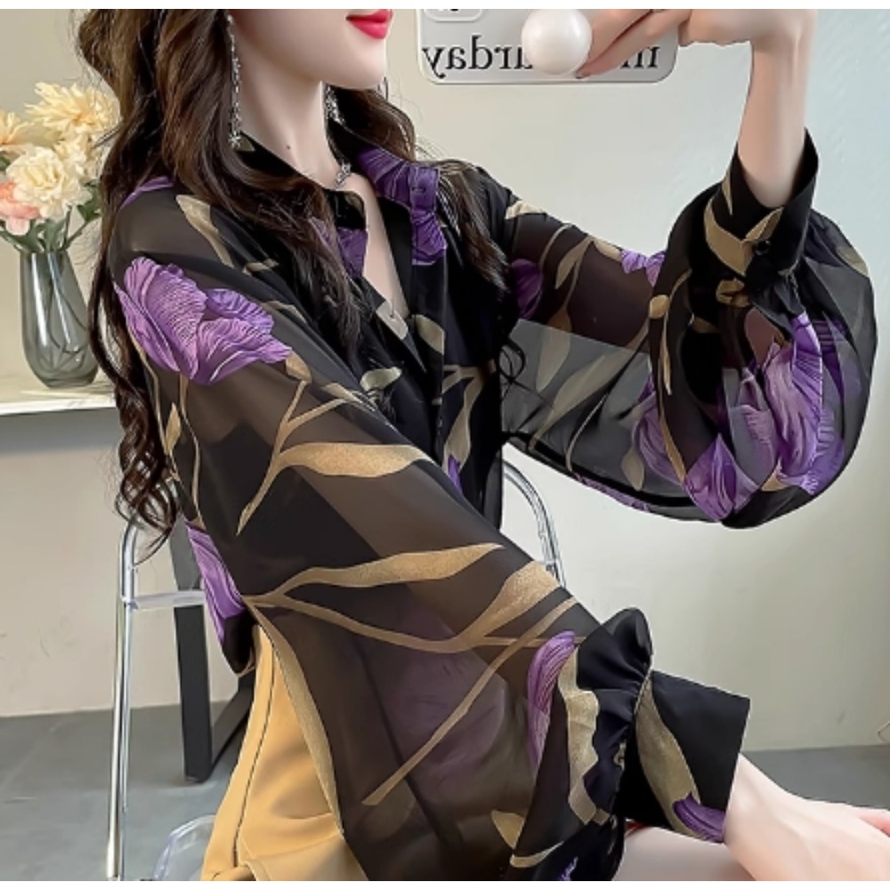 Chemisier Vintage Élégant à Manches Lanternes pour Femme, Chemise à Col Polo Décontractée, Chic, Haut Dégradé, Été