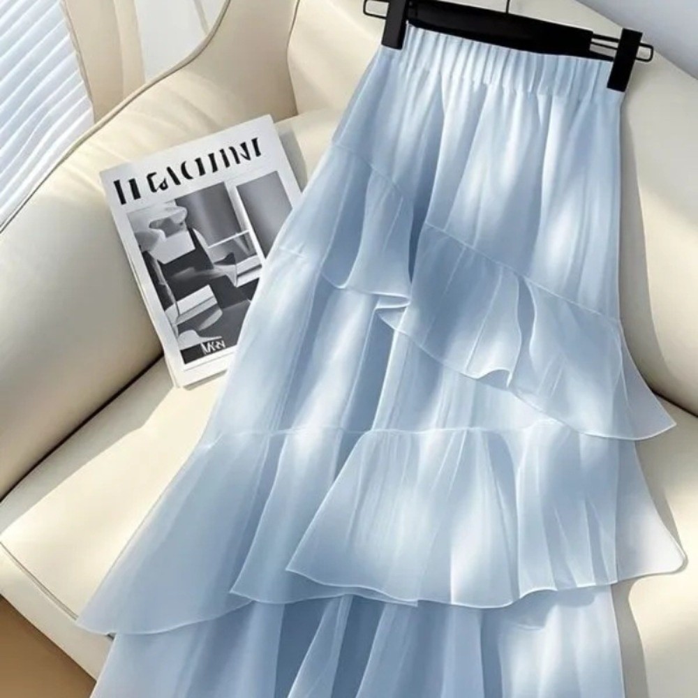 Jupe longue bleue tendance à volants, taille haute, coupe trapèze, style décontracté, jupe à étages pour femme