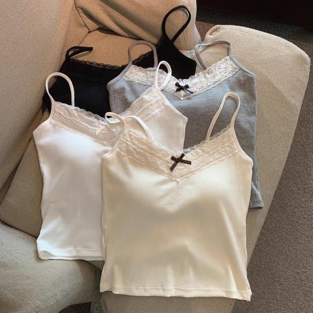Hauts à bretelles en dentelle tricoté, haut court doux, vêtements en tricot, débardeur Sexy Slim pour femmes, couleur unie, Camisole à nœud court, vêtements