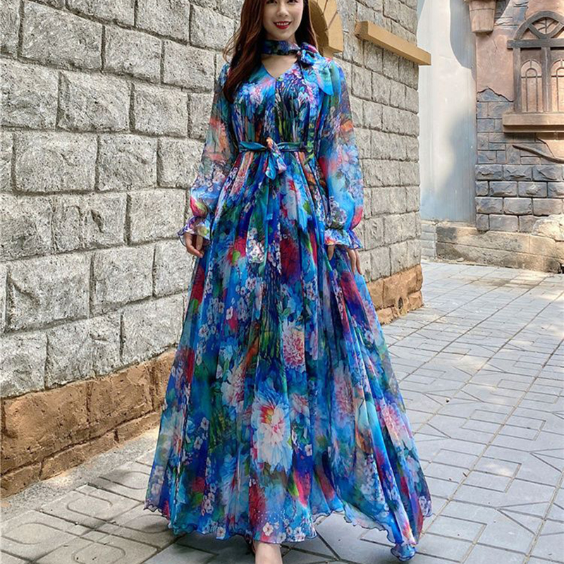 Robe de soirée élégante en mousseline de soie coupe ajustée pour femme, style coréen, imprimée, à manches longues, grande taille, collection été 2026
