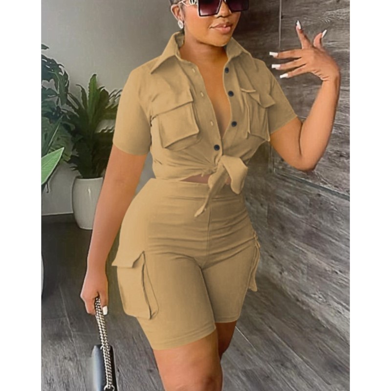 Ensemble deux pièces pour femmes, tenue d'été, mode, couleur unie, col rabattu, chemises à manches courtes, haut et poches décontractées, ensembles Streetwear