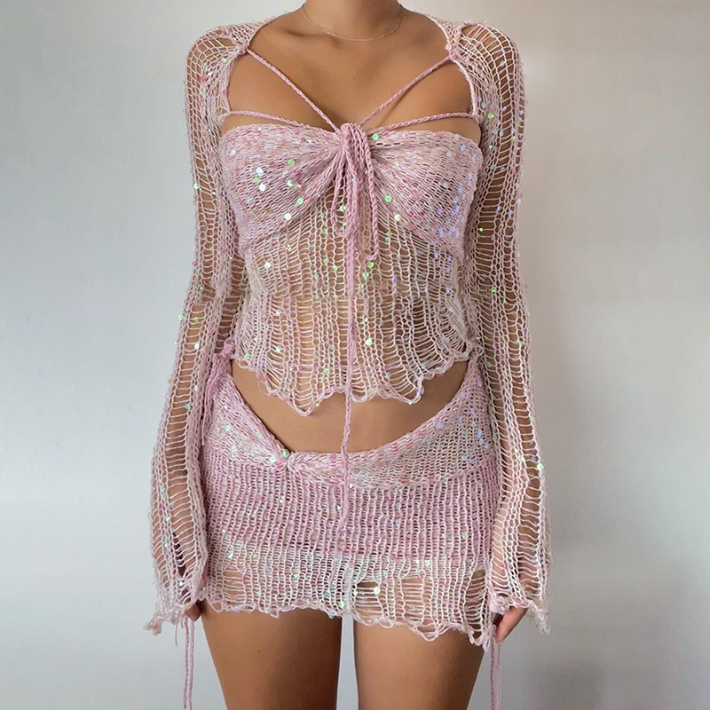 Robe de soirée Sexy en tricot à paillettes, ensemble jupe 3 pièces, tenues pour femmes, manches longues évasées, transparente, vêtements d'indice