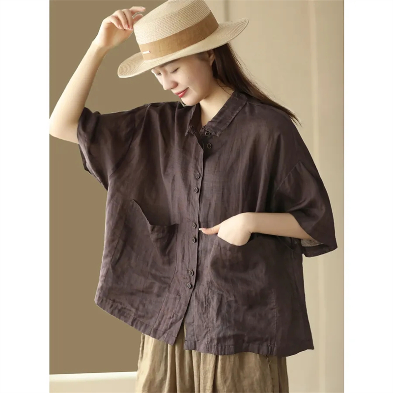 Chemisier femme 2025 printemps été couleur unie ample coton et lin dames hauts tempérament lin respirant dame chemise décontractée