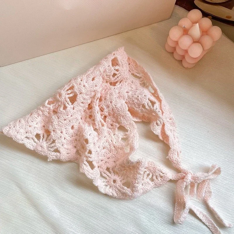 Foulard tricoté tendance, style pastoral français, bandeau triangulaire, bandeau au crochet fait main, foulard rétro à fleurs