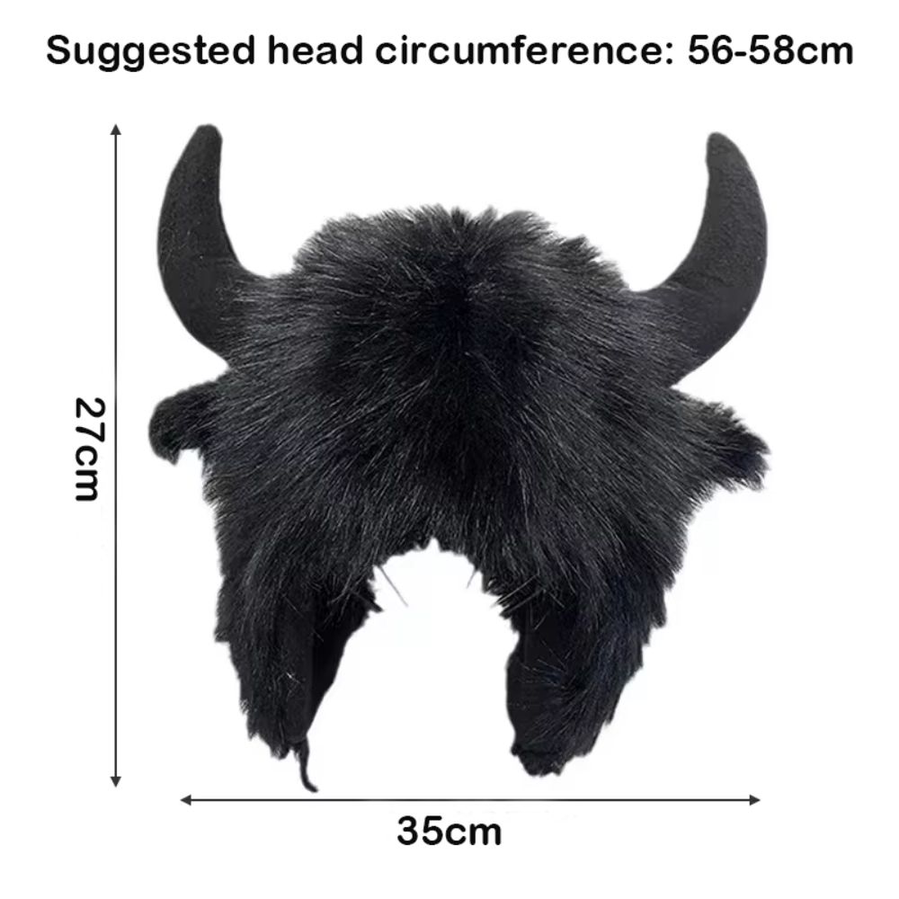 Chapeau Bullhead unisexe de haute qualité, chapeau en fourrure de bison épaisse et moelleuse avec cornes, chapeau coupe-vent avec cache-oreilles