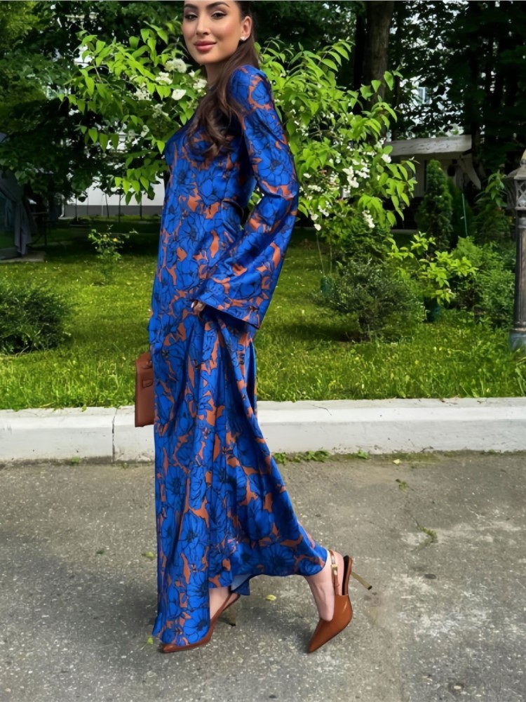 À la mode Vintage imprimé à manches longues col rond robe femmes nouveau 2025 atmosphère élégante robes longues décontracté robes Para Mujer