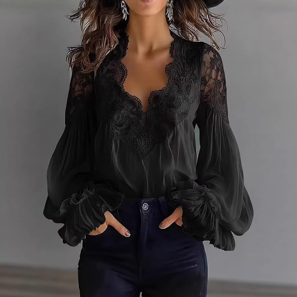 Chemisier en dentelle pour femme, col en V sexy, noir et blanc, manches bouffantes, plissé, couleur unie, élégant, pour le bureau et les trajets quotidiens, collection Printemps 2026