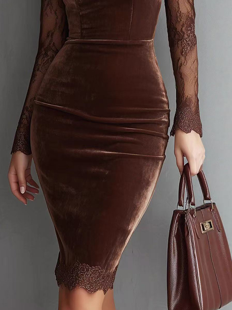 Robe moulante transparente en dentelle à col en V pour femme, manches longues, sexy, décontractée, taille cintrée, mi-longue, de luxe, de créateur