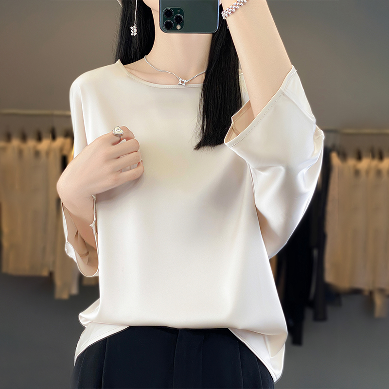 T-shirt à manches trois-quarts pour femmes, chemisier en satin monochrome décontracté, col rond, t-shirts en satin, vêtements pour femmes, été, nouveau