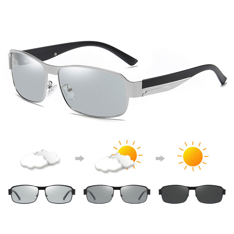 Lunettes de soleil rectangulaires photochromiques classiques pour hommes, lunettes de soleil polarisées en métal de luxe, mode masculine, extérieur, nuances de conduite caméléon