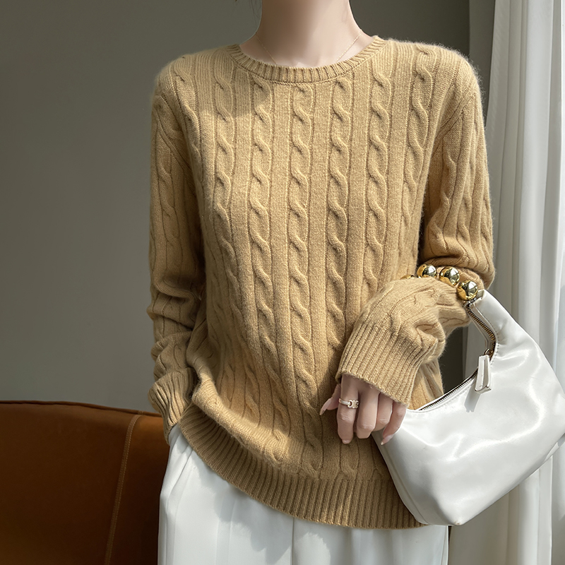 Pull épais en laine mérinos pour femme, col rond, pull torsadé, tricots décontractés en cachemire, manches longues, bas, automne, hiver