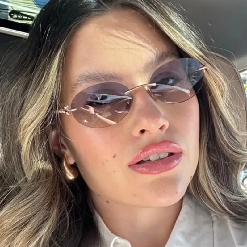 Lunettes de soleil ovales sans cadre pour femmes, marque de luxe, mode, petite monture métallique, rondes, sans bords, nuances élégantes, UV400