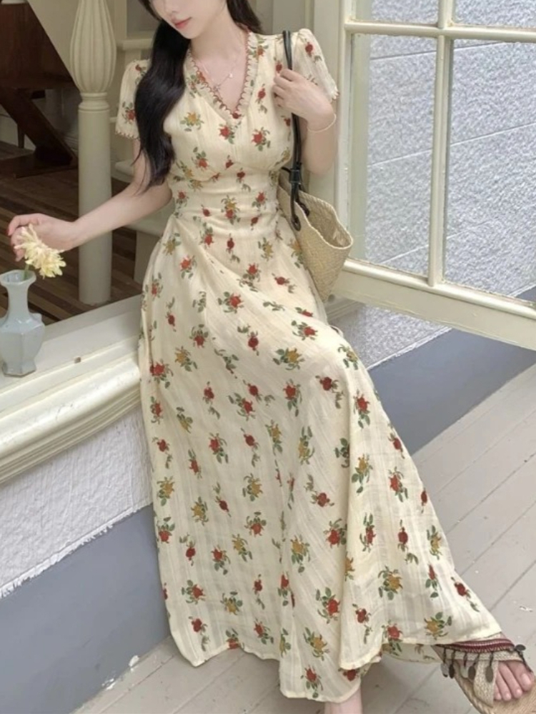 Robe mi-longue en mousseline de soie à col en V à manches bouffantes pour femmes, robe florale vintage, dentelle élégante, robe de soirée coréenne, robes d'automne pour femmes, 2024