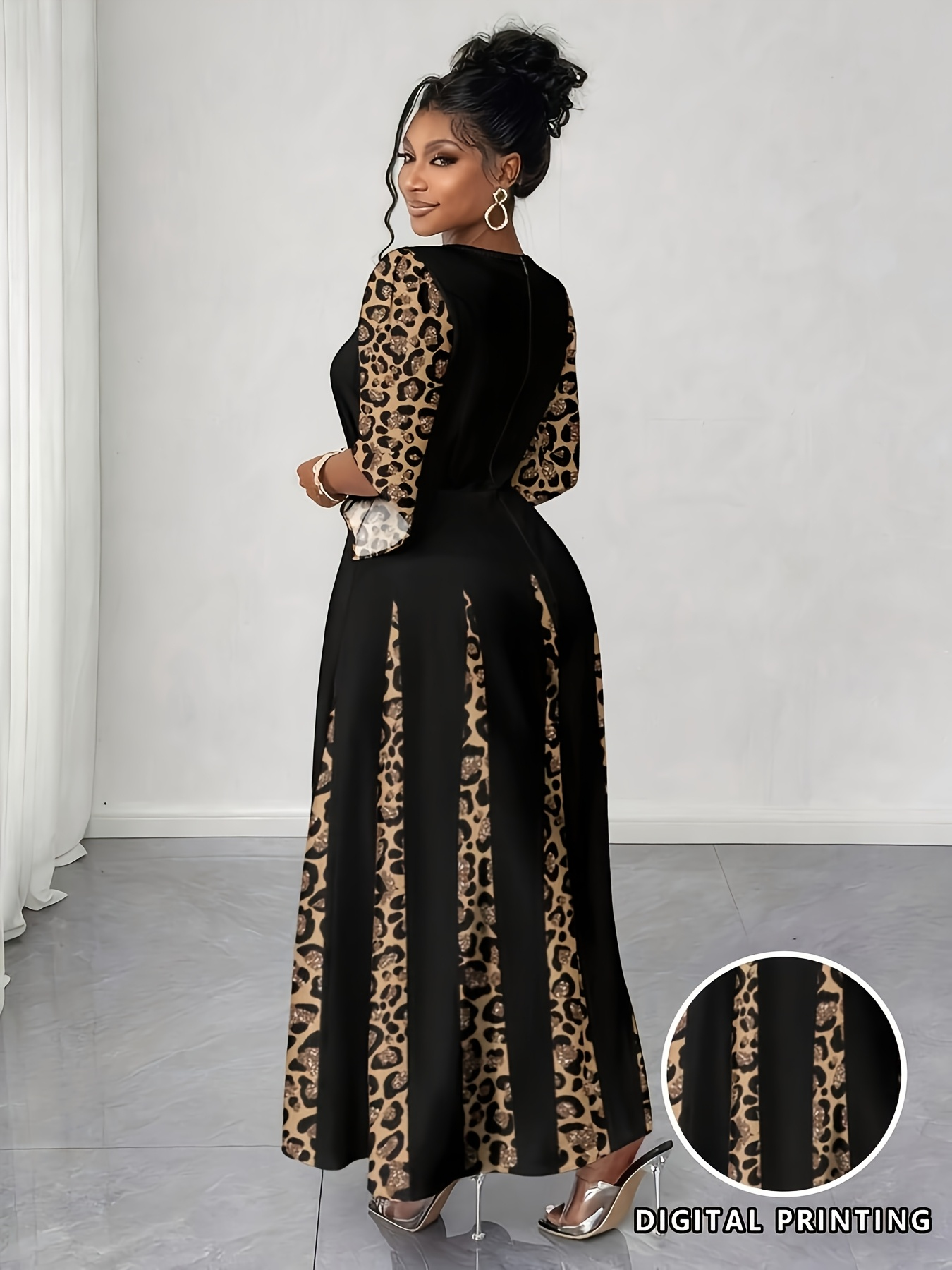 Robe maxi élégante à imprimé léopard, robe longue à manches longues tendance grande taille, vêtements pour femmes confortables et élégants