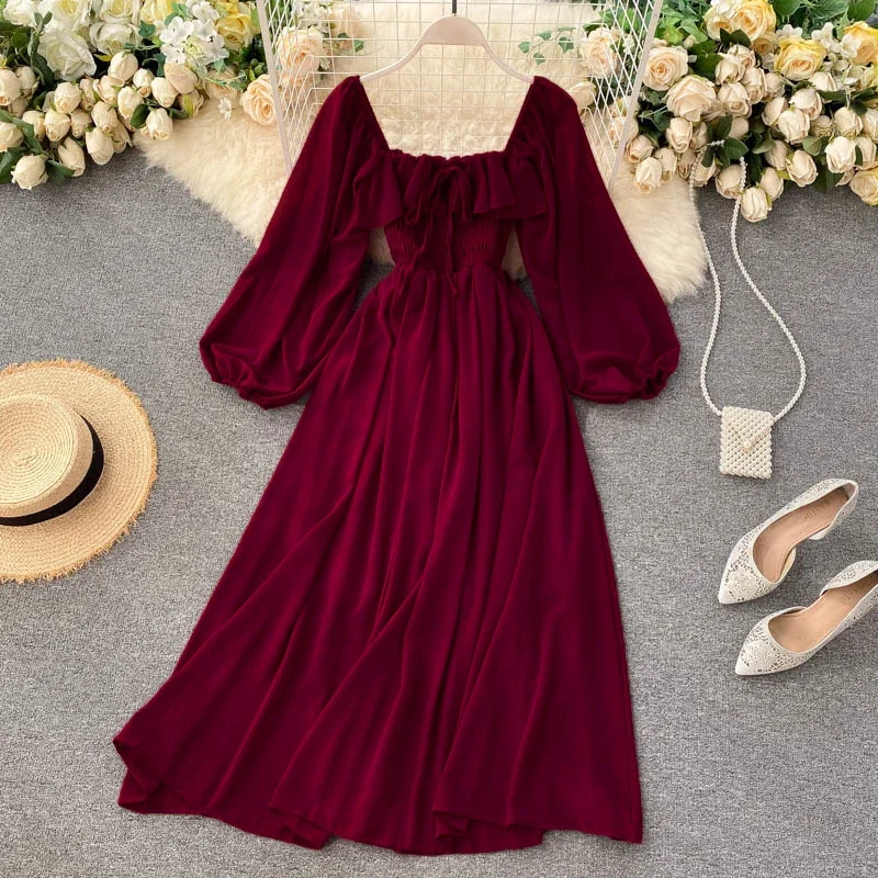 Robe maxi chic et élégante à col carré pour femmes, robe en mousseline de soie unie à manches bouffantes, robe de plage vintage à volants, robe Y2k