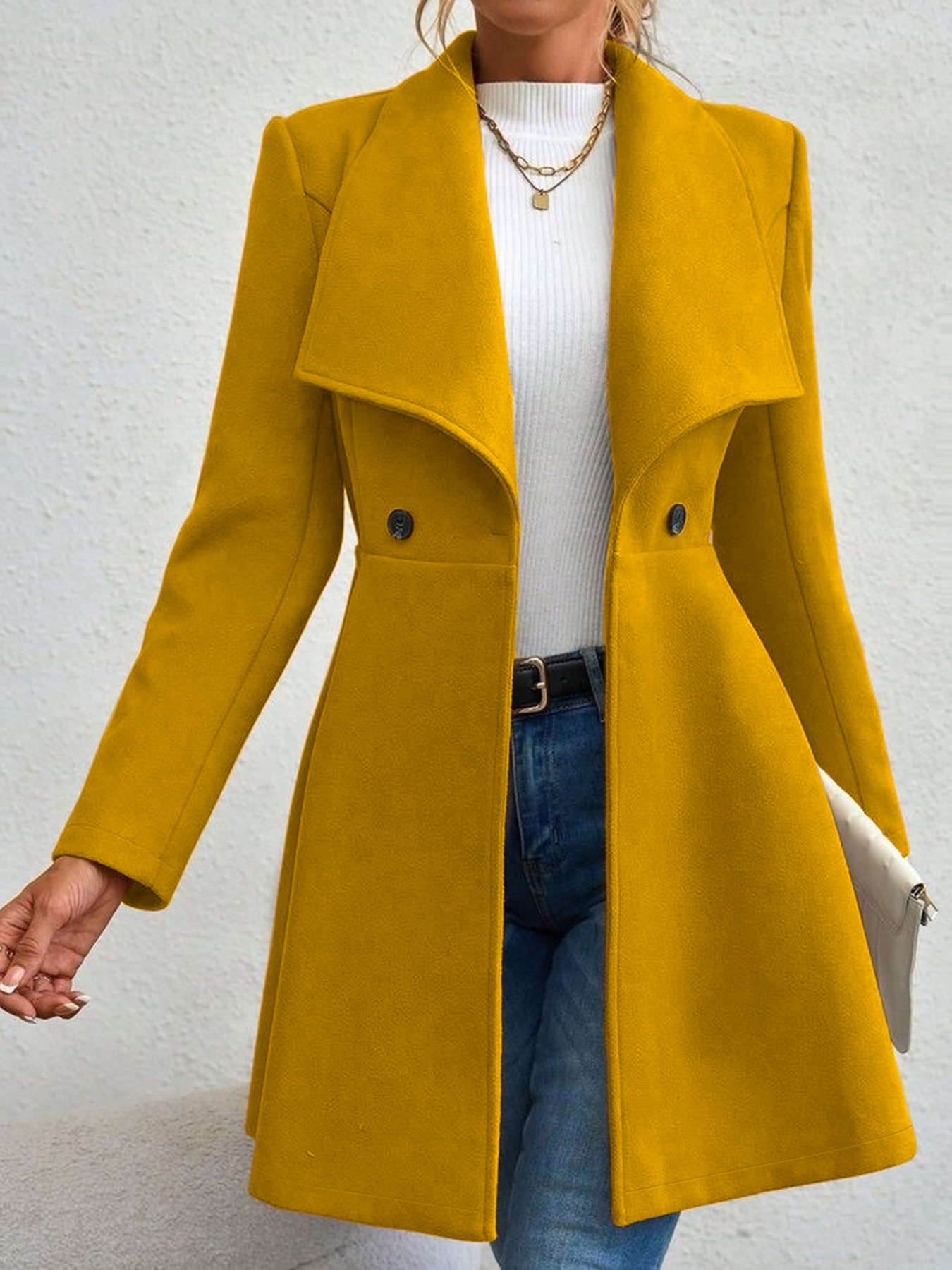 Manteau en laine jaune élégant pour femme, automne-hiver, col à revers, double boutonnage, coupe ajustée, longueur mi-longue, décontracté, manches longues, vêtement d'extérieur F