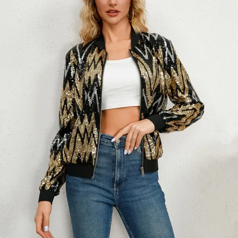 Veste de baseball brillante à paillettes pour femmes, manteau décontracté, vêtements d'extérieur élégants, nouveau, Y-adt