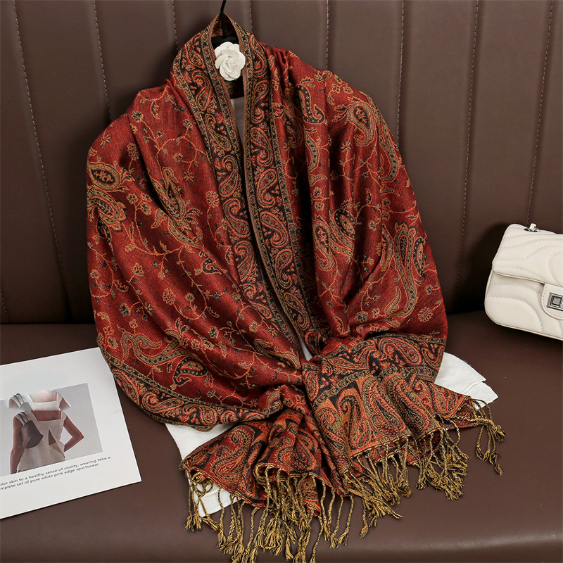 Nouvelle écharpe jacquard rouge à motif cachemire de style chinois pour femme, avec franges, châle ethnique, foulard culturel pour l'automne et l'hiver, idéal comme cadeau