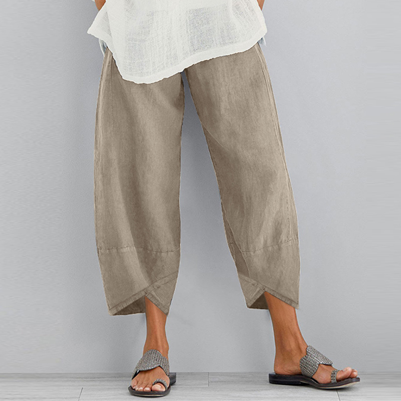 Pantalon sarouel en coton et lin pour femmes, Vintage, taille élastique, jambes larges, décontracté, poches solides, pantalon court et ample