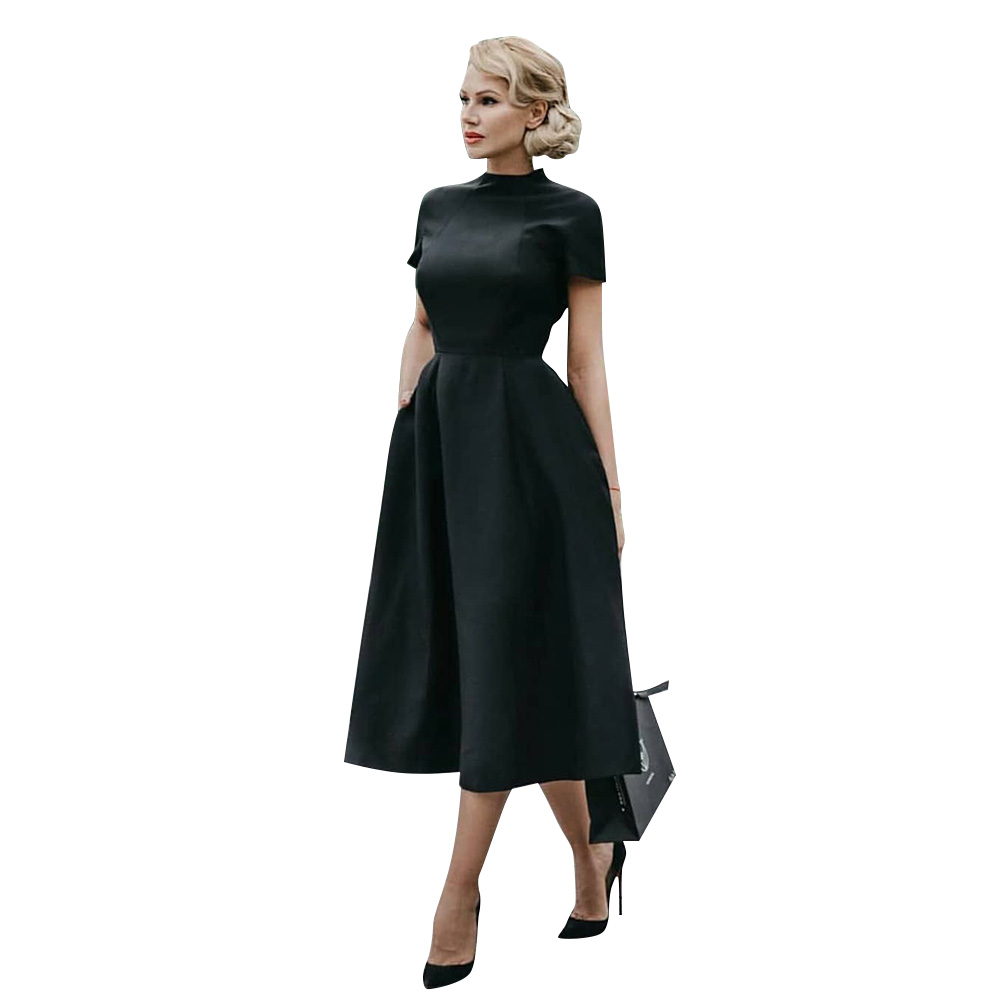 Robe mi-longue noire élégante pour femme, col mi-haut, taille haute, robes trapèze, coupe couvertes, femme de bureau, monochromatique, robe éducative