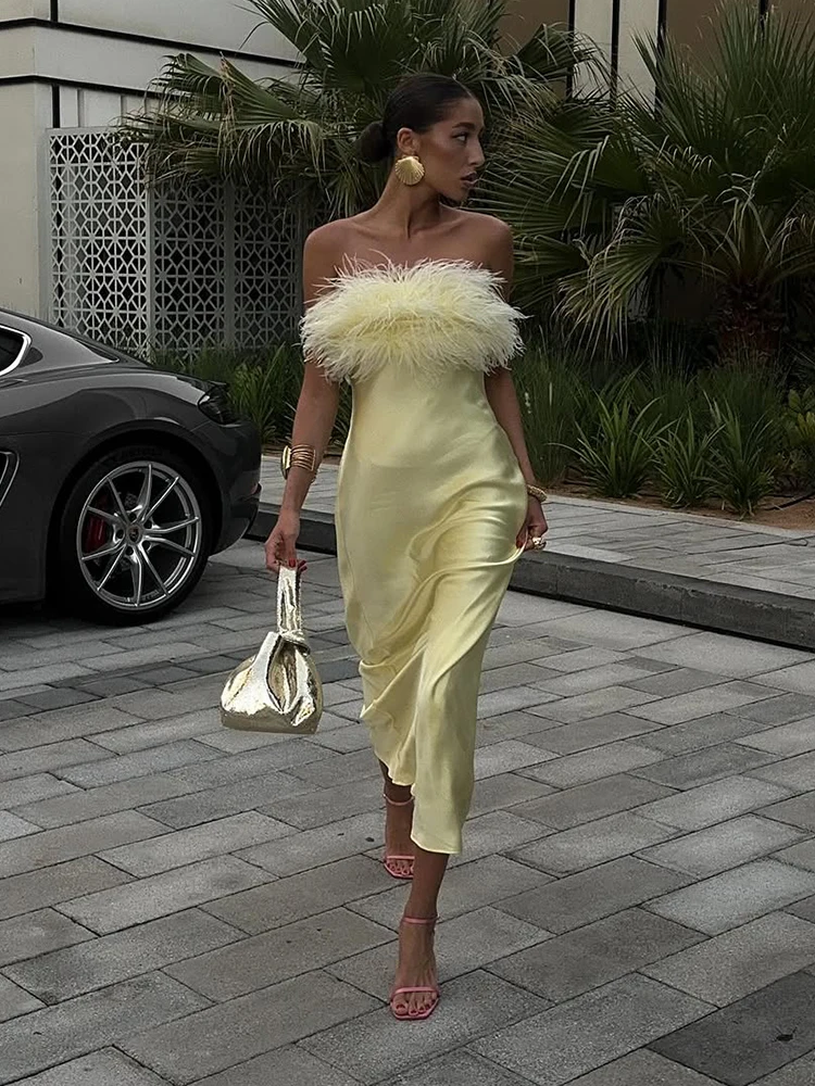 Robe Maxi en Satin uni à franges pour femmes, élégante, sans bretelles, sans manches, taille cintrée, robes longues, vacances d'été, nouvelle collection 2025