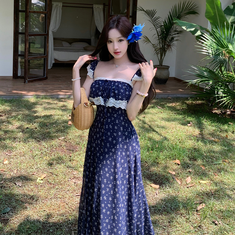 Robe d'été sans manches pour femme, bleue, à fleurs, avec dentelle, style français, romantique, robe maxi de vacances, ourlet à volants, vintage, bohème chic
