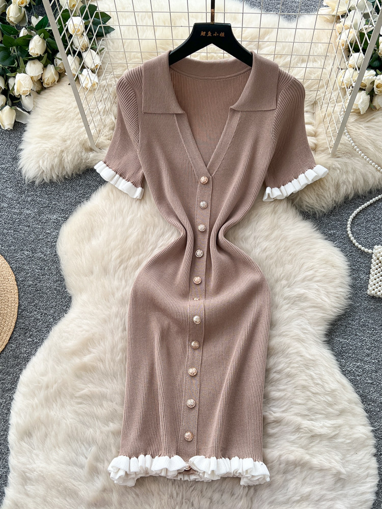Robe Courte Tricotée pour Femme, Sexy, Col en V, Bordure Volantée Noire, Moulante, Style Coréen, Manches Courtes, Boucle Métallique, pour l'Été