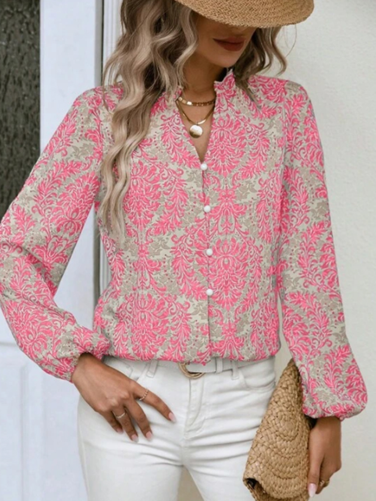 Chemise à manches longues pour femmes, col en v, manches lanternes plissées ornées, imprimé complet, boutonné, pour l'été et l'automne