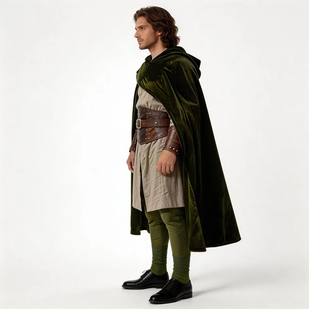Cape à capuche pour homme, couleur unie, en velours, style médiéval, cape de la Renaissance avec capuche, costume de pirate ou de sorcier pour performance