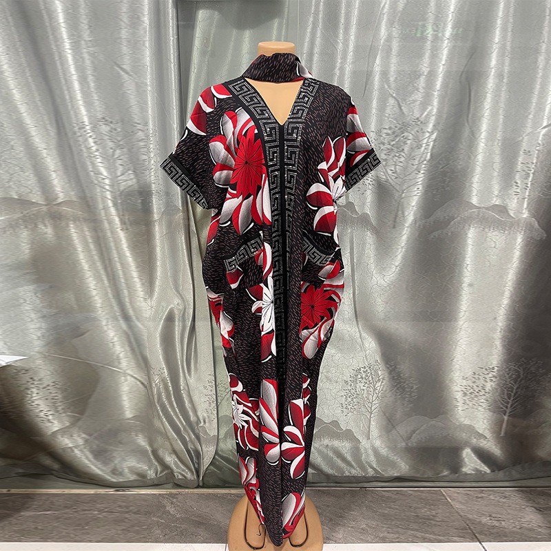 Abaya musulmane imprimée à col en V, robe longue ample et tendance avec strass, grande taille, nouvelle collection 2026, Dashiki + foulard