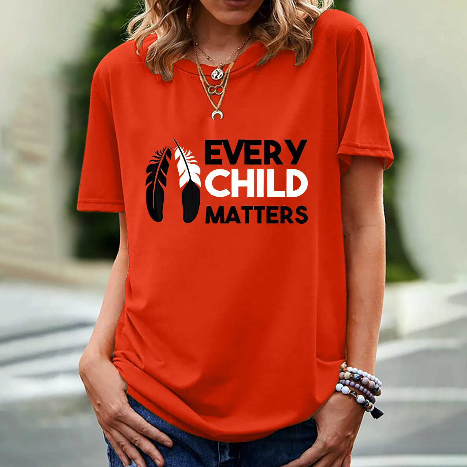 T-shirt à manches courtes et col rond pour femme, imprimé "Every Child Matters"