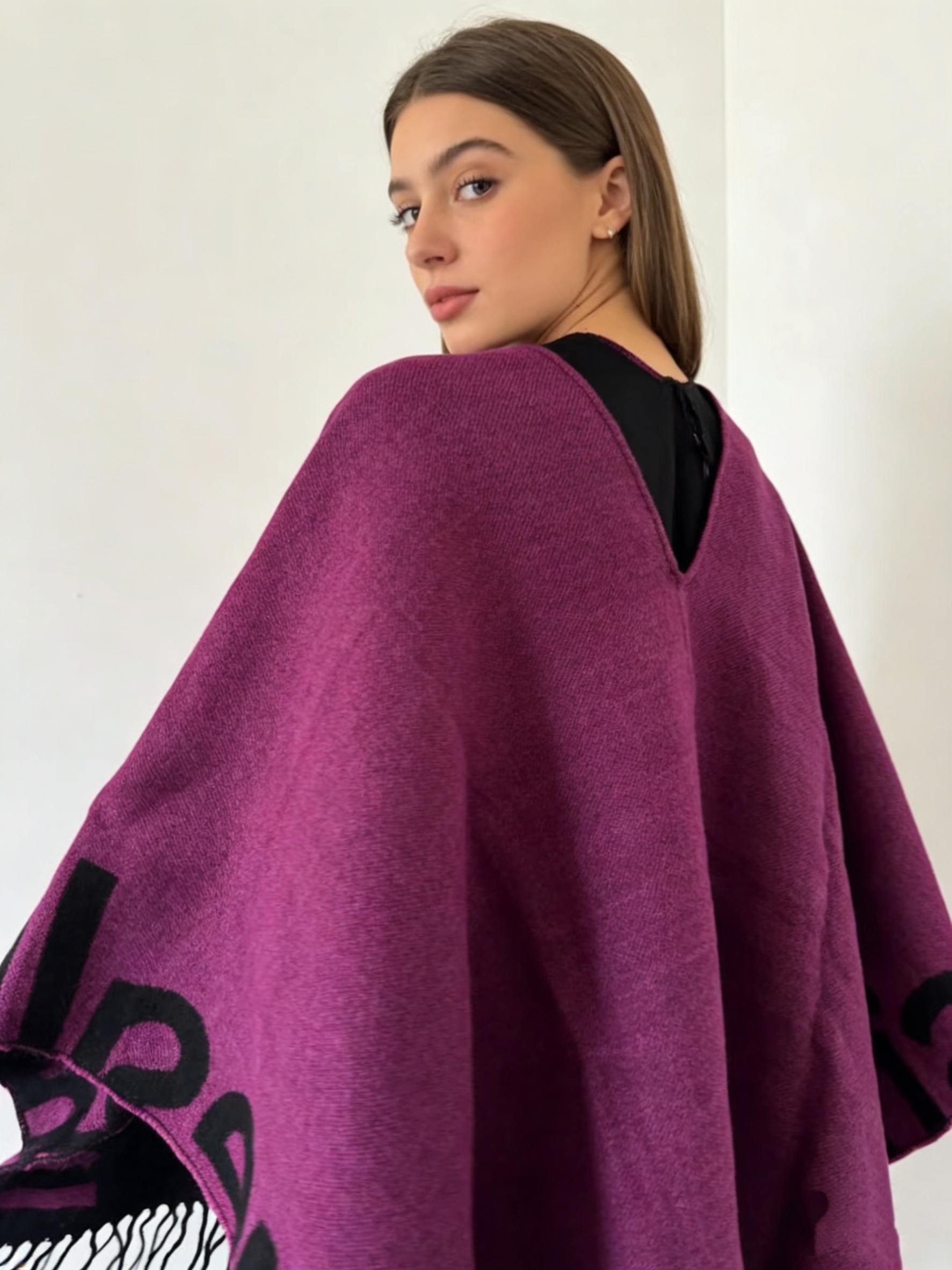 Écharpe châle pour femme, imprimée double face avec pompons, pour la chaleur et la polyvalence, style cape-manteau