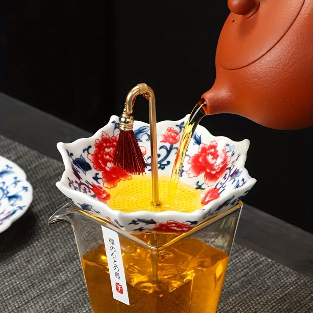 Filtre à thé en céramique style parapluie, traditionnel chinois, avec pompon, motif en porcelaine bleue et blanche, décoration de table