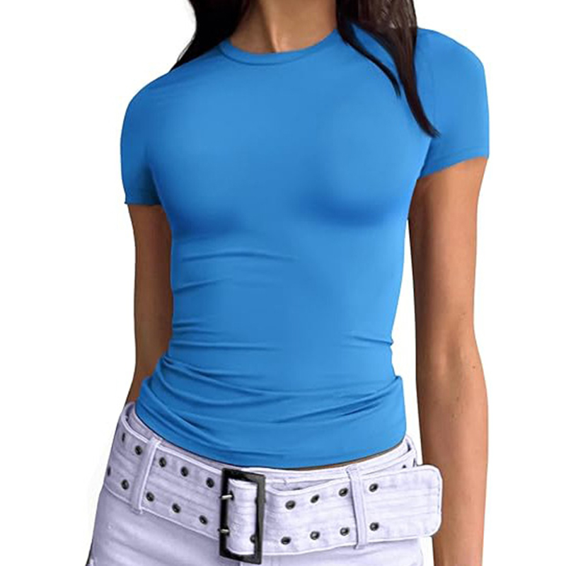 1 pièce T-shirt de sport pour femme et fille, uni, basique, à manches courtes, coupe ajustée, col rond, sexy, pour fitness, course et yoga, haut décontracté