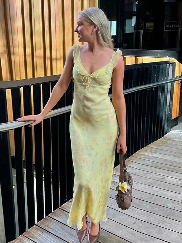Robe longue élégante pour femme, imprimé floral, à volants, sans manches, dos nu, décolleté plongeant, à lacets, nouvelle collection été 2026, coupe ajustée