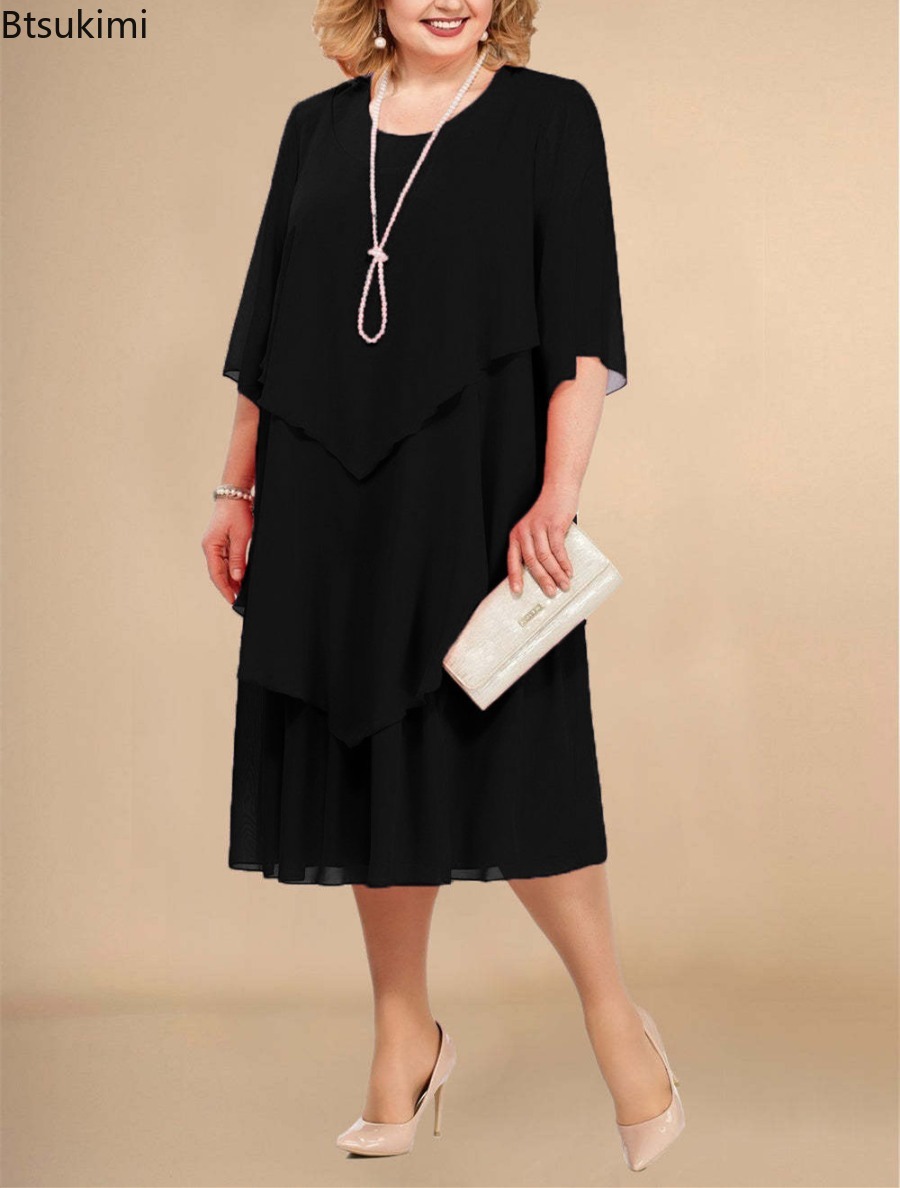 Robe en mousseline de soie à ourlet superposé irrégulier pour femmes, robe mi-longue fluide, robes à col rond, mode de fête élégante, invité de mariage, grande taille, été