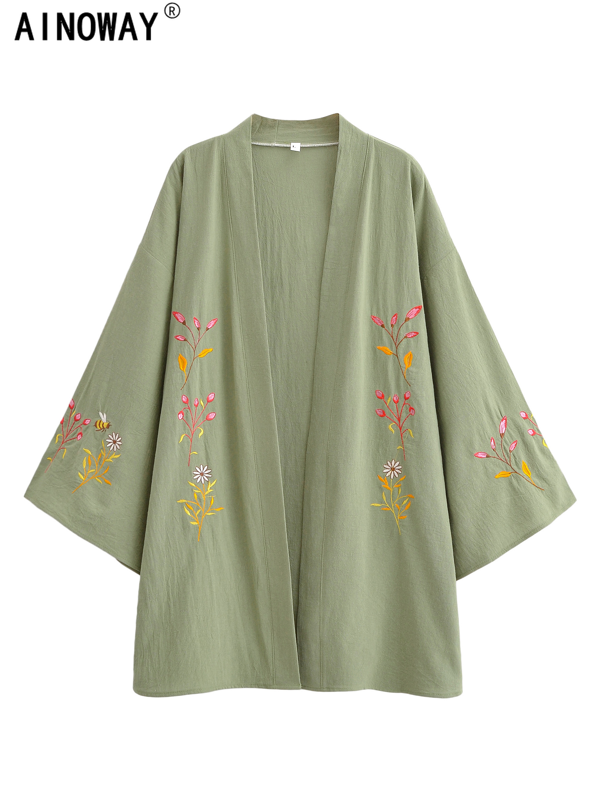 Robe Kimono Bohème Vintage Chic pour Femmes avec Broderie de Fleurs et d'Abeilles, Manches Chauve-Souris, Col en V, Robe de Plage d'été, Cache-Maillot Bohème