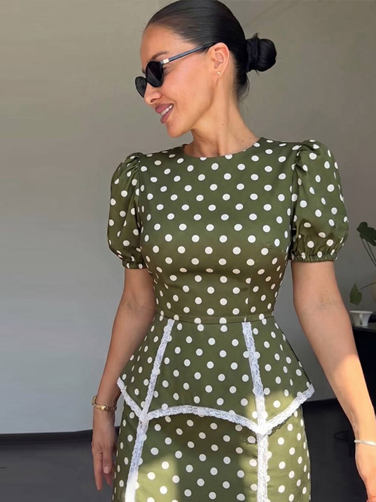 Robe longue élégante rétro pour femme, imprimé pois, manches bouffantes, avec ceinture, ourlet volanté en satin, collection 2026