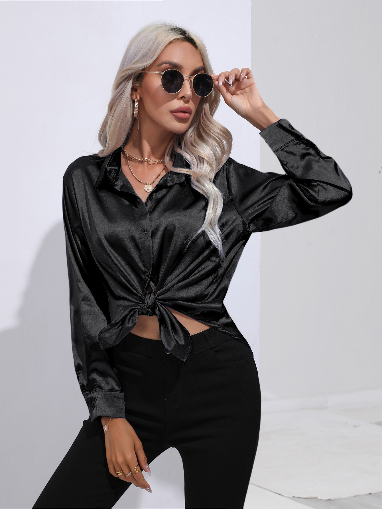 Chemise élégante en Satin Imitation soie pour femmes, manches longues, couleur unie, bureau, bouton à revers, vêtements pour femmes, automne/hiver, S-XXL