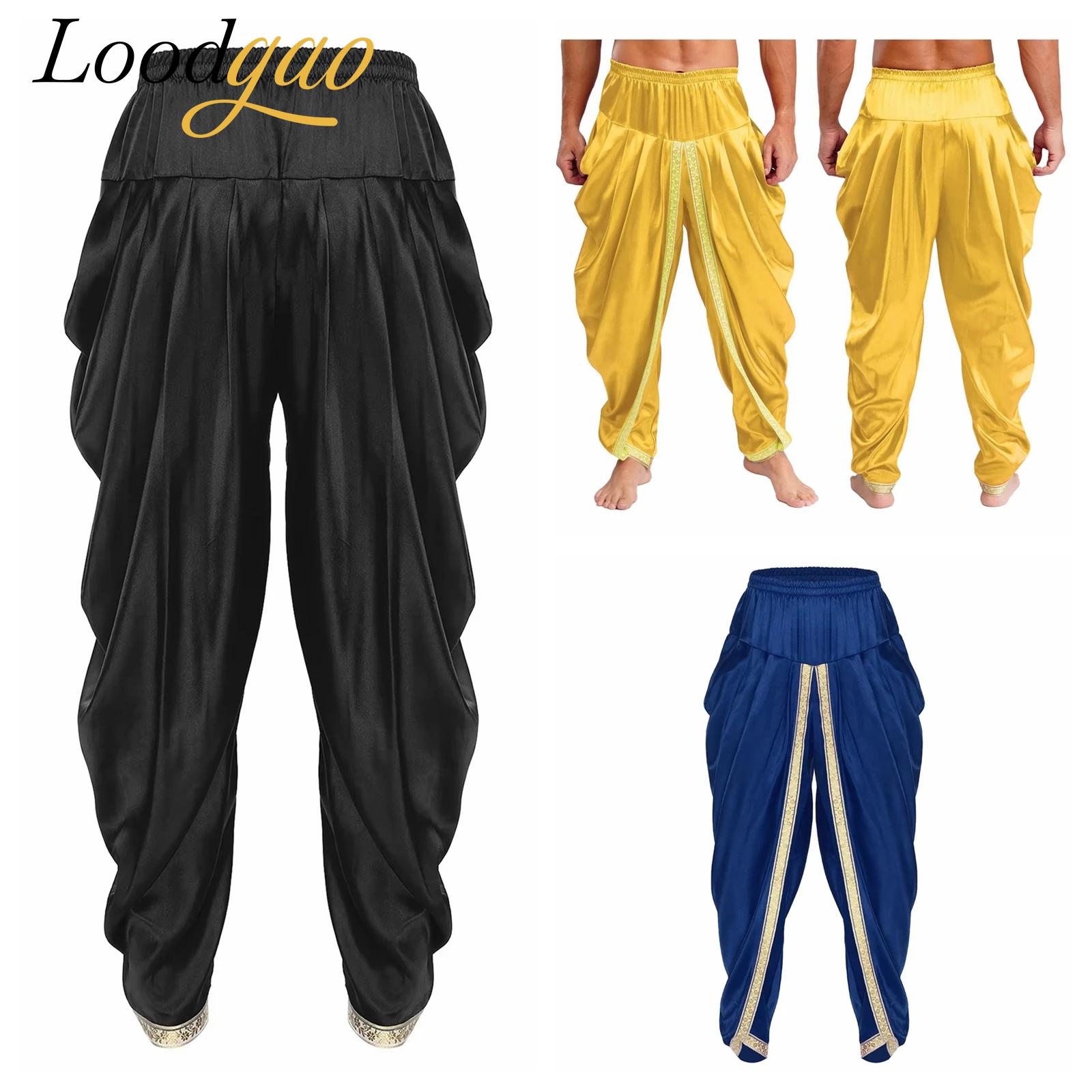 Costume de Prince arabe pour hommes, Cosplay de carnaval d'halloween, fête à thème, taille élastique, pantalon Baggy drapé, pantalon Dhoti en Satin pour hommes